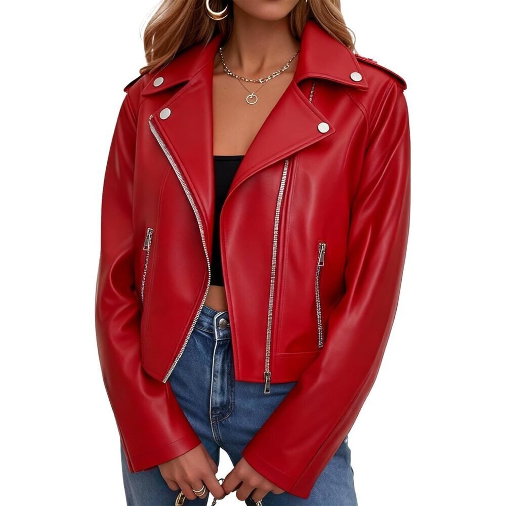 🆕 Women's Bright Red Faux Leather Cropped Coat Cute Short Zip Up Casual Jacket